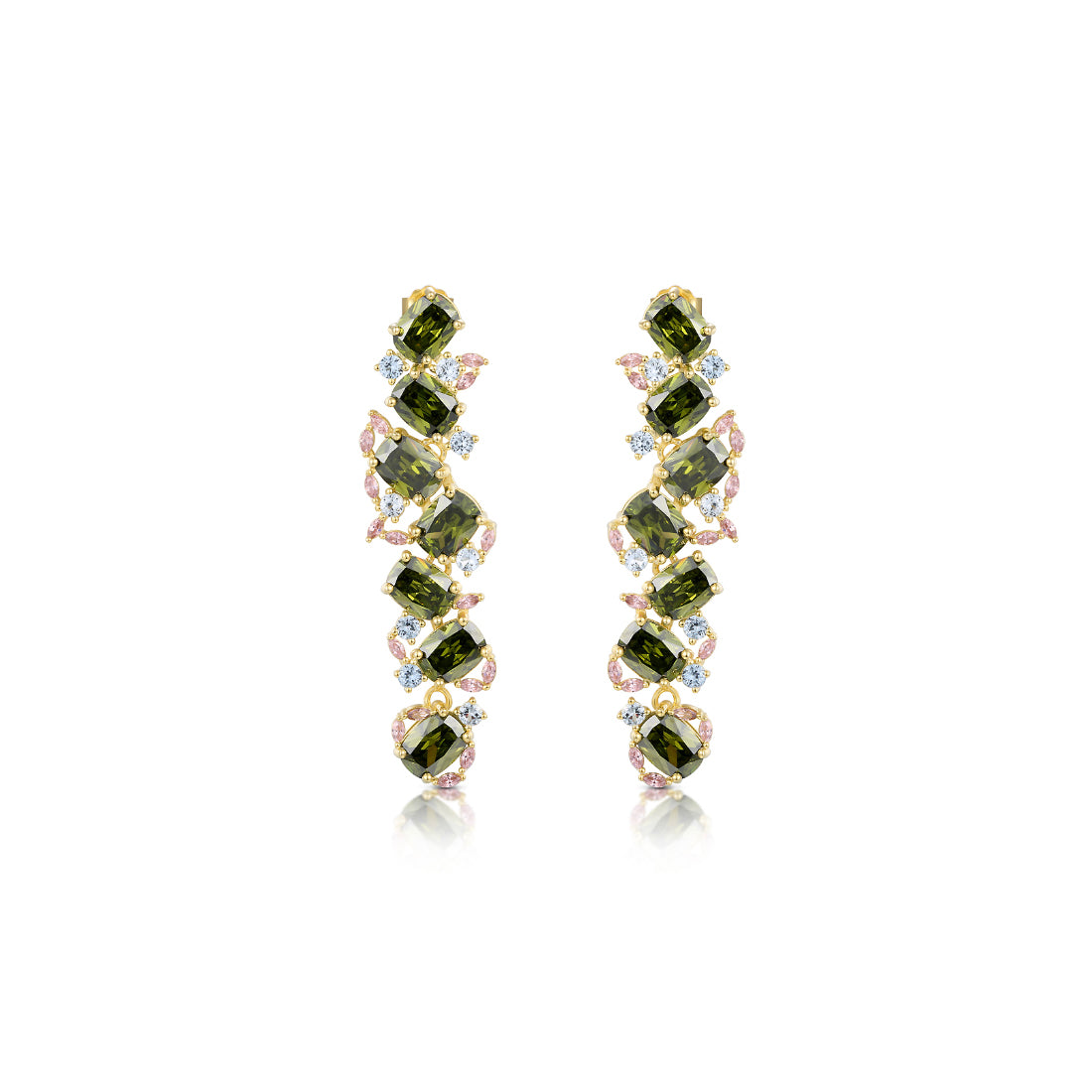Sibela pendientes Diana largos de 55 milímetros acabados en oro amarillo, piedras grandes en color verde, piedras en talla circular en color azul pequeñas y en talla marquesa en color rosa. 